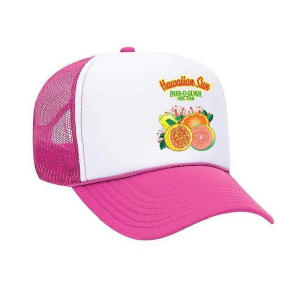 Passionfruit, orange and guava or POG is a classic Hawaii combination so we're celebrating this tropical blend with a trucker hat that matches the can. Hawaii juice drink.