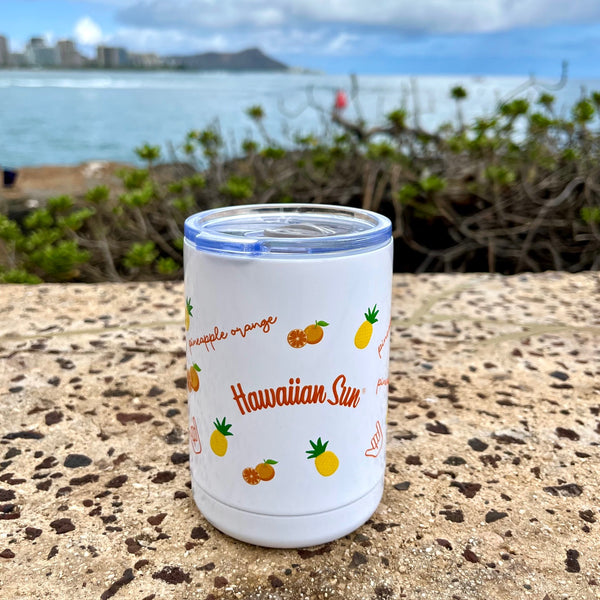 Keep your drink cold, your Hawaiian Sun can chilled or your beverage hot in our insulated tumbler/can cooler wrapped in our tropical pineapple orange or guava nectar graphics. yeti hydroflask
